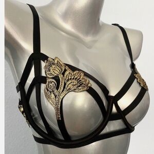 Victorias Secret Very Sexy Strappy Embroidered Open Cup Balconette Gold Bra 36DD